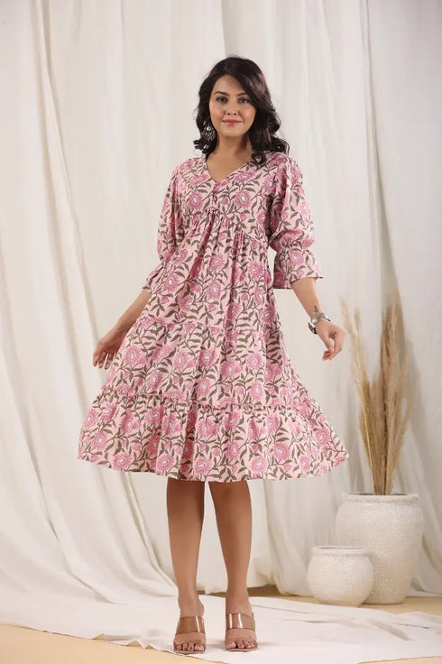 Women Pink Floral Printed Pure Cotton Ethnic Dress